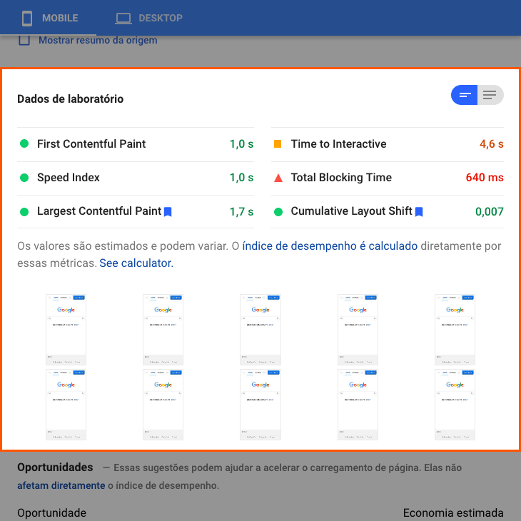 printscreen de dados de laboratório no Google PageSpeed Insights