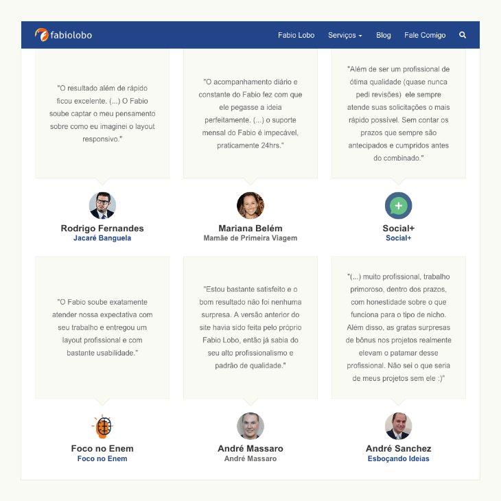 printscreen de depoimentos de clientes