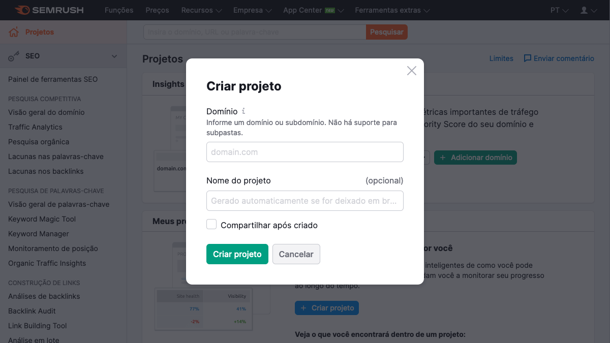 printscreen da tela de cadastro de projeto