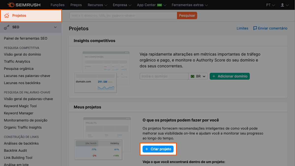 printscreen da tela de criação de projeto