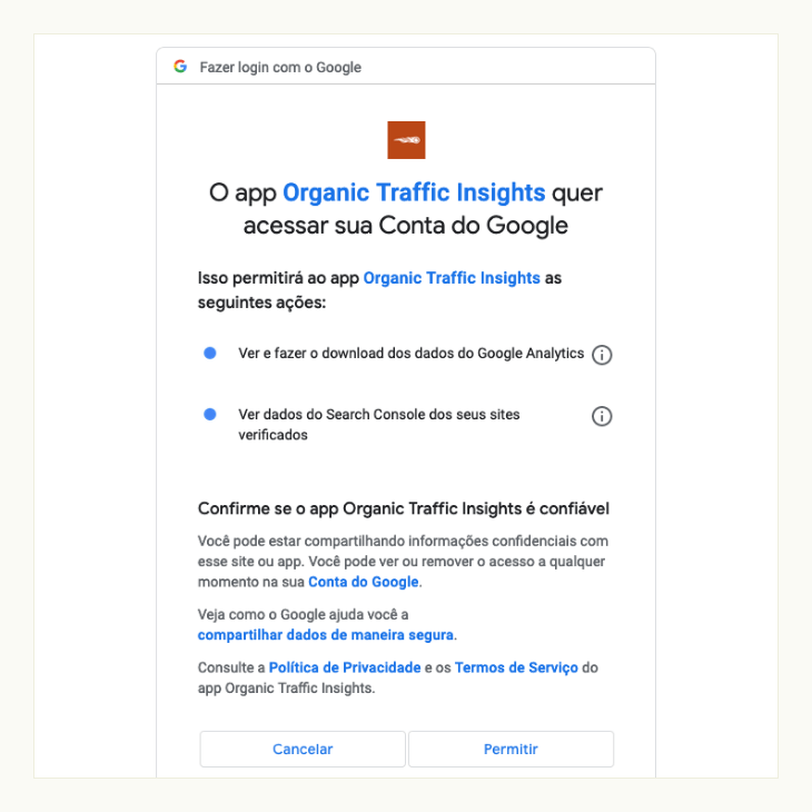 printscreen de tela de autorização da conta google