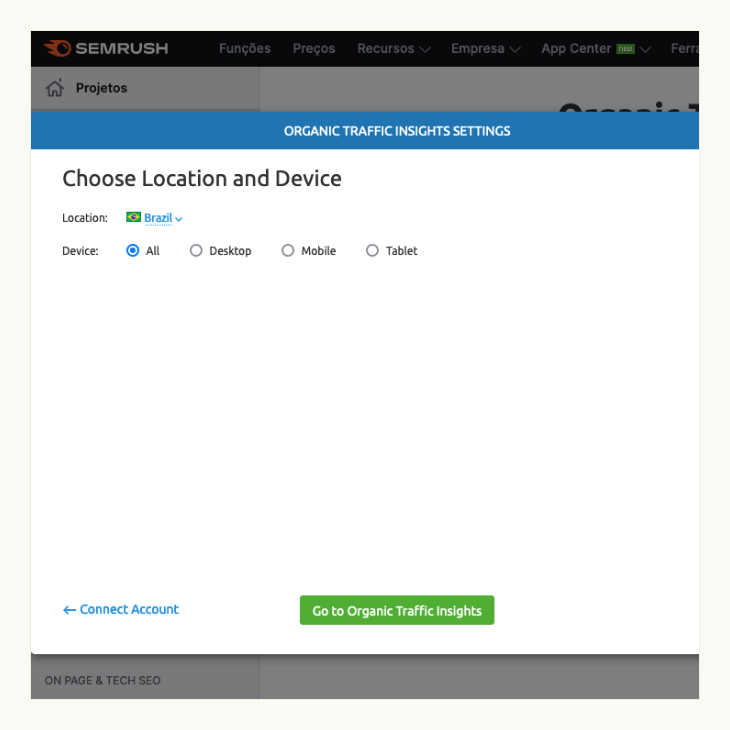printscreen de configurações da opção de organic traffic insights