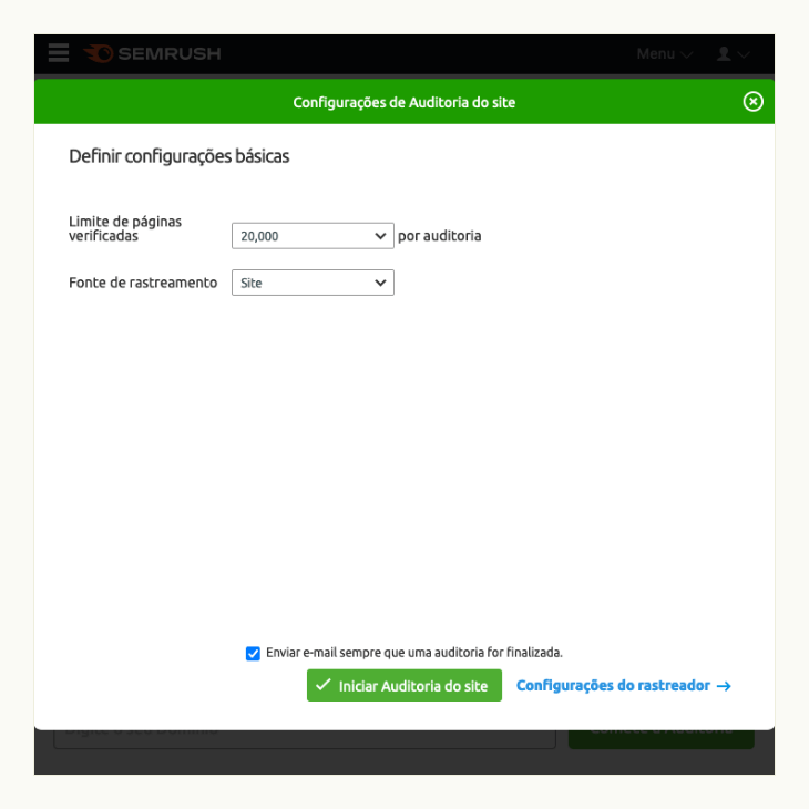 printscreen de tela de configurações da auditoria do site