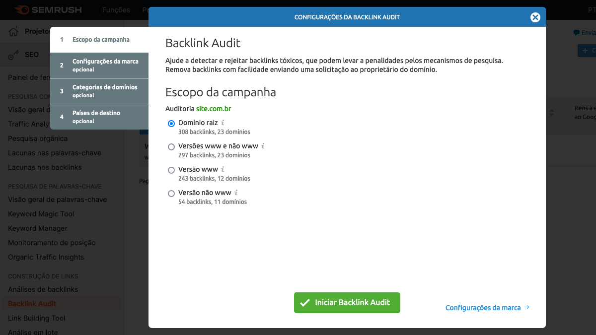 printscreen de tela de configurações da opção de backlink audit