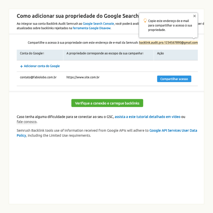 printscreen das instruções para conectar a semrush ao google search console