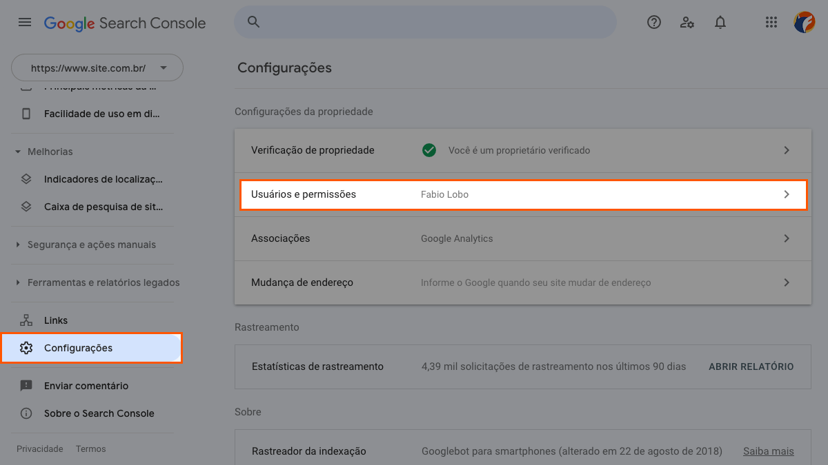 printscreen da tela de configurações do google search console