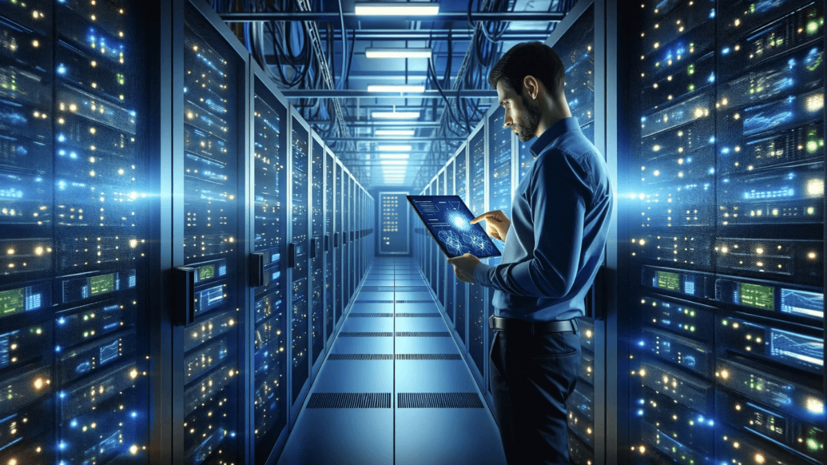 imagem gerada por IA de uma pessoa trabalhando em um datacenter
