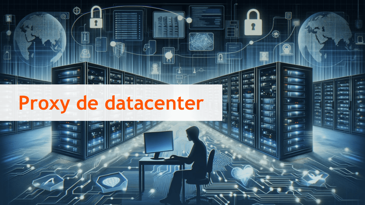 imagem gerada por IA de uma pessoa trabalhando em meio a dezenas de servidores; à frente, o texto Proxy De Datacenter