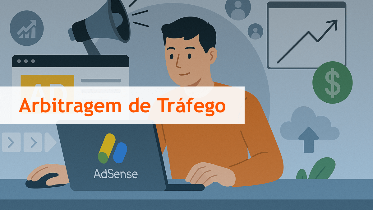ilustração gerada por IA de uma pessoa trabalhando em seu laptop com adesivo do adsense; à frente, o texto Arbitragem de Tráfego